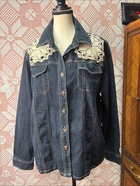 Upcycled denim jacket with doilies